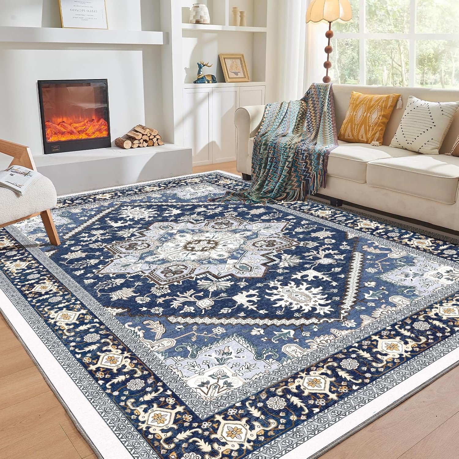OPPODREAM Area Rugs 5×7, 5×7 Washable Rug with Non Slip Backing, 5 x 7 Faux Cashmere Low-Pile Carpet, Navy Blue & Gold