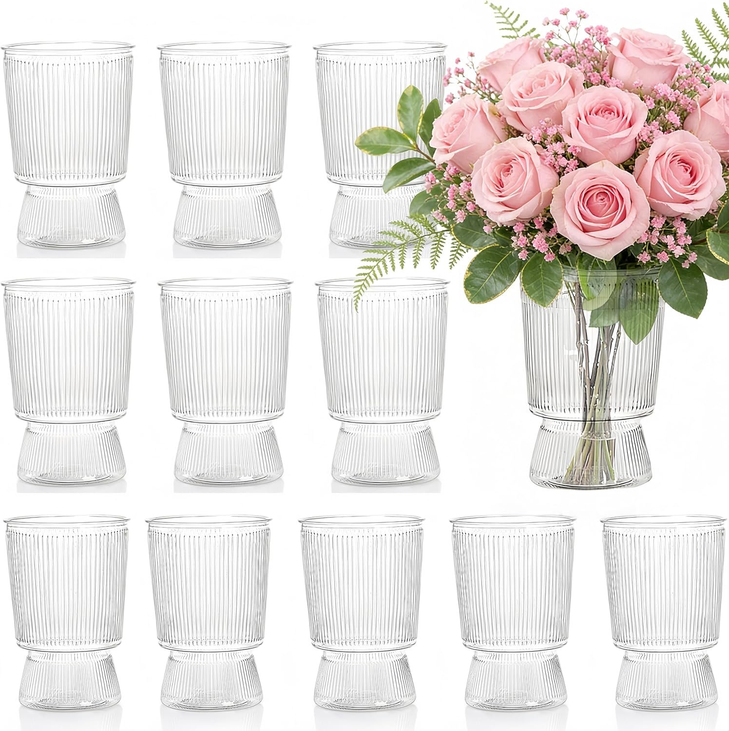 12 Pack Clear Plastic Flower Vases, 6.3″ Ribbed Fluted Glass-Like Vase, Decorative Modern Ripple Hydroponic Plant Vase with Base for Table Centerpieces Home Decor Office Wedding Decoration