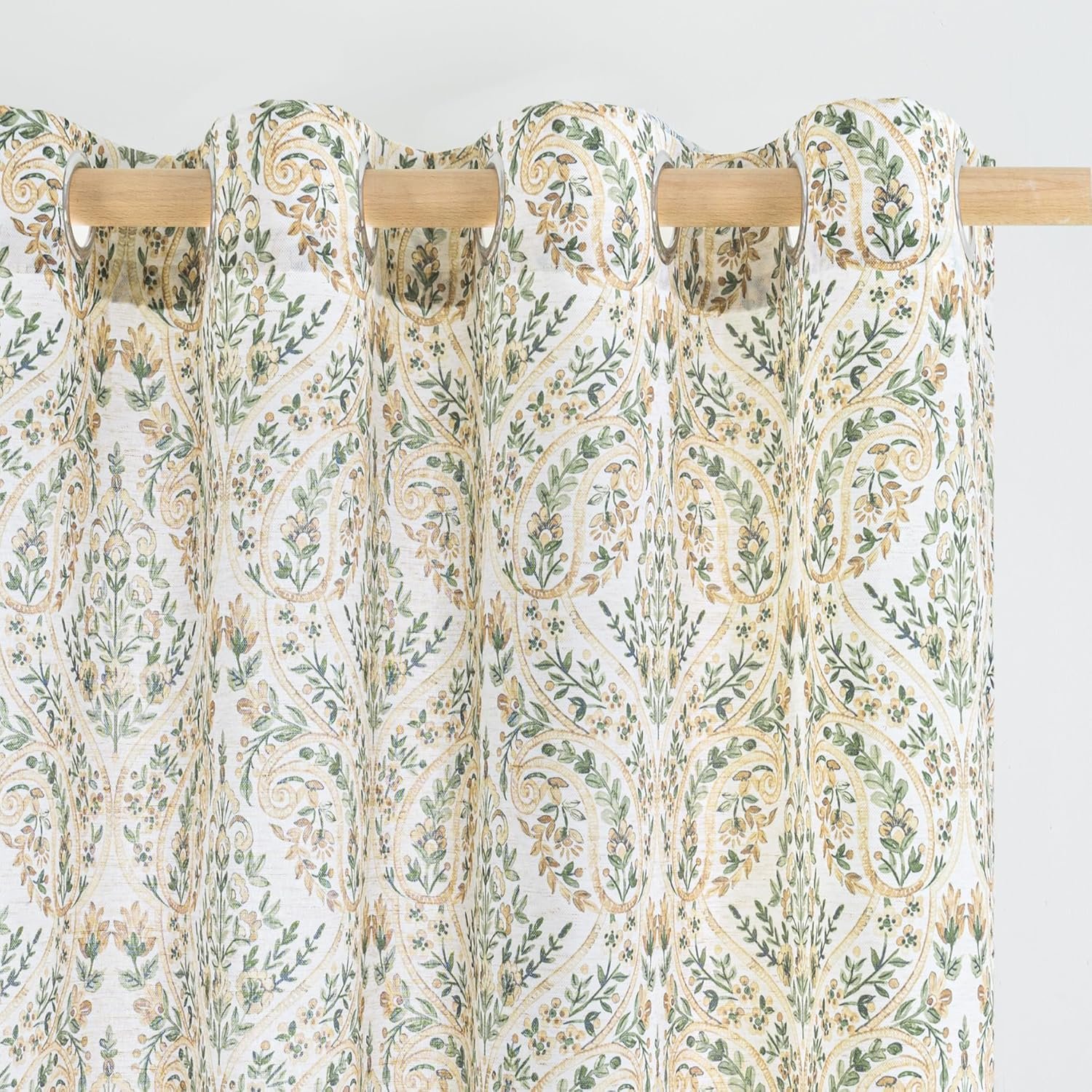 BGment Champagne Boho Curtains for Living Room – Linen Leaf Paisley Floral Pattern Light Filtering French Country Grommet Window Semi Sheer Drapes for Farmhouse, 2 Panels, 52 x 84 Inch