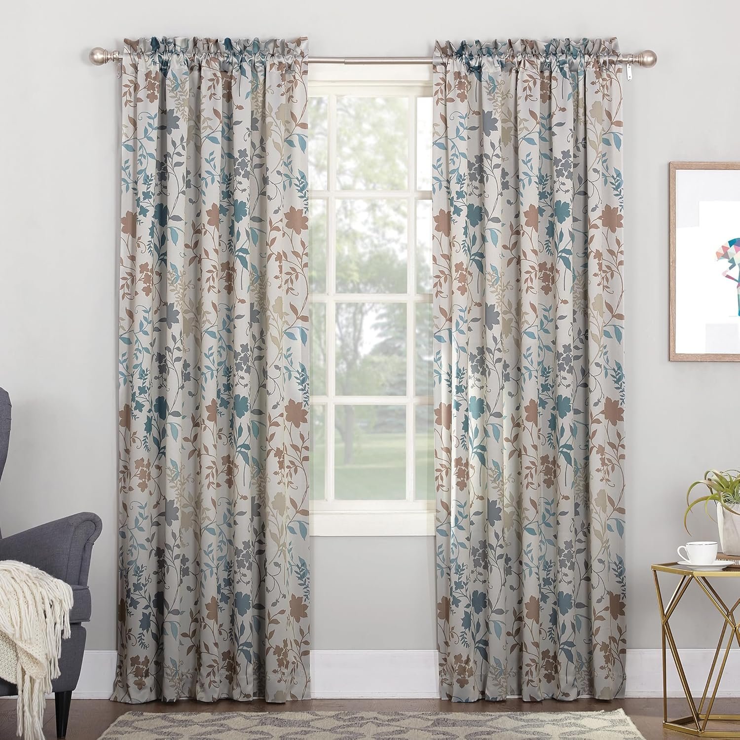 Sun Zero Kara Floral Print Energy Efficient Rod Pocket Single Curtain Panel, 54″ x 84″, Stone