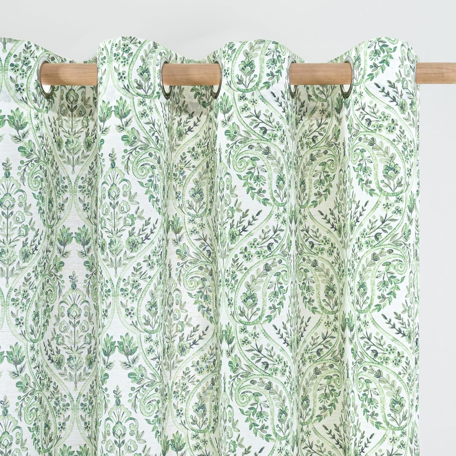 BGment Green Boho Curtains for Living Room – Spring Leaf Paisley Floral Pattern Light Filtering Cottage Core Grommet Window Linen Semi Sheer Drapes for Farmhouse, 2 Panels, 52 x 84 Inch