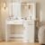 Sweetcrispy Vanity Desk with 35.4″ LED Mirror and Lights, Makeup Vanity Table with Charging Station (2AC/USB/C), 2 Drawers & Large Cabinet, 3 Lighting Color Adjustable, Modern Dressing Table, White